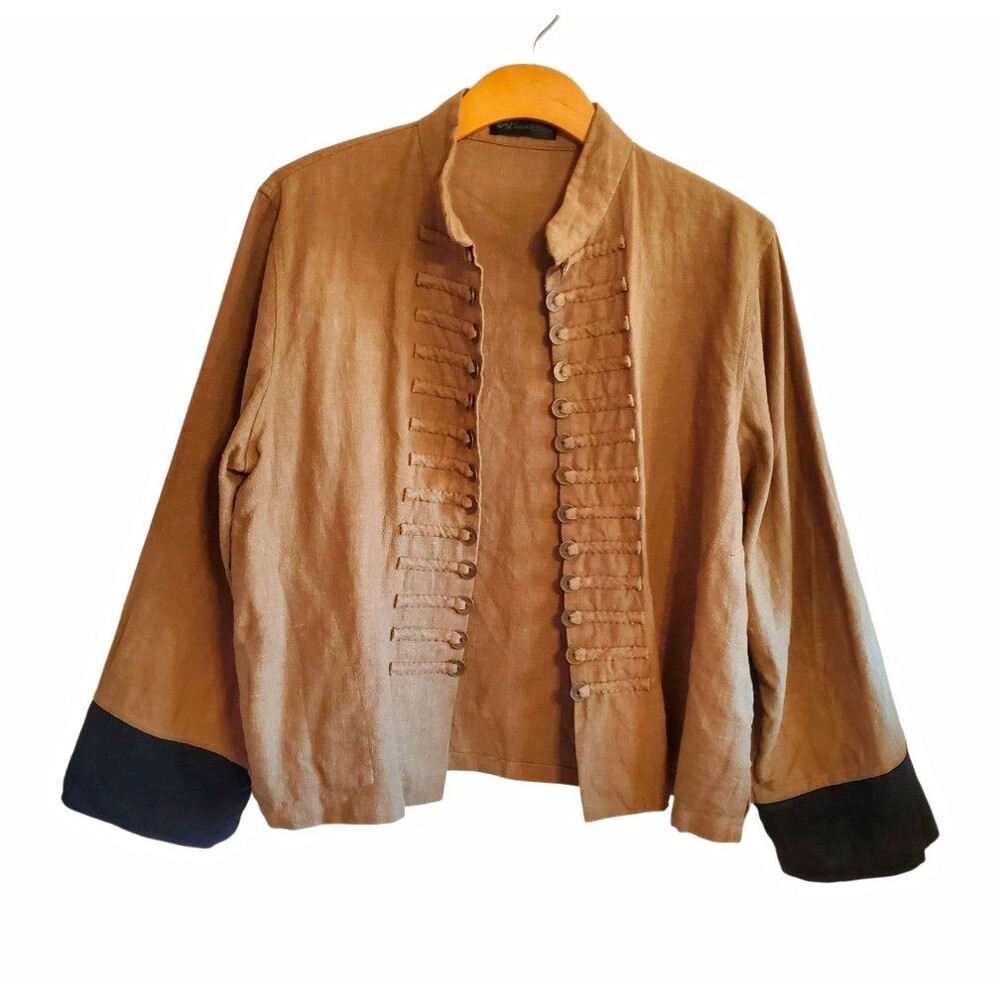 Peacock Ways Linen Mandarin Collar Coin Trim Jacket Military Lagenlook Boho L